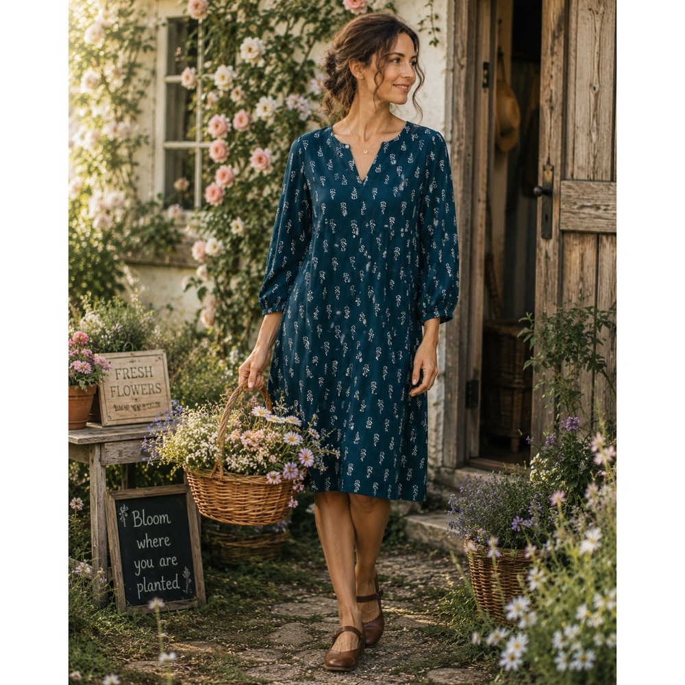 Garnet Hill Women's Knee Length Lyric Knit Dress Teal Botanical Boho Size M